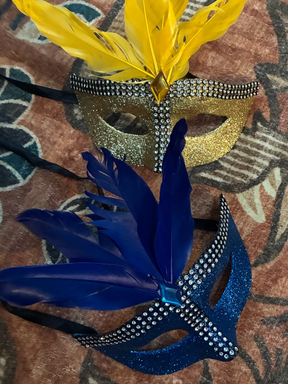 Feather Masks (2) Venetian Costume Accessories Blue and Gold Glitter Carnival 🎭